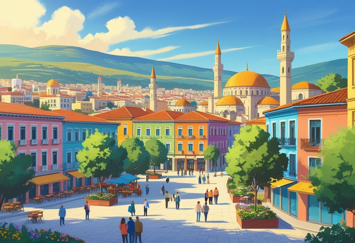 Vista da cidade de Tirana com prédios coloridos, a mesquita Et'hem Bey, a Pirâmide de Tirana, pessoas na praça e árvores ao redor.