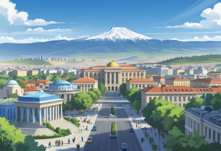 Vista panorâmica da cidade de Yerevan, capital da Armênia, mostrando edifícios, escadarias grandiosas, pessoas nas ruas e o Monte Ararate ao fundo.