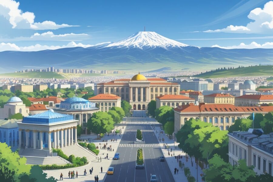 Vista panorâmica da cidade de Yerevan, capital da Armênia, mostrando edifícios, escadarias grandiosas, pessoas nas ruas e o Monte Ararate ao fundo.