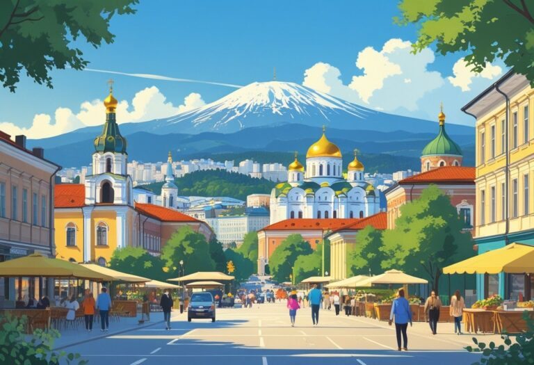 Vista da cidade de Sofia na Bulgária com a Catedral Alexander Nevsky, montanhas ao fundo, prédios históricos e pessoas nas ruas.