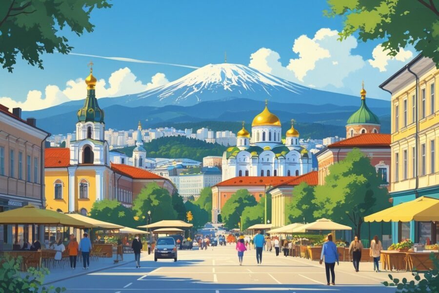 Vista da cidade de Sofia na Bulgária com a Catedral Alexander Nevsky, montanhas ao fundo, prédios históricos e pessoas nas ruas.