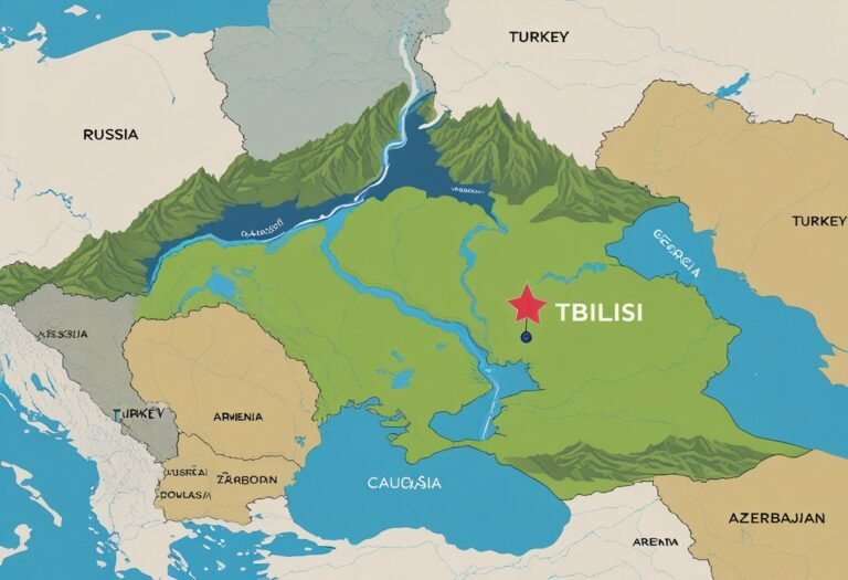 Mapa mostrando a localização da cidade de Tbilisi na região do Cáucaso, com destaque para a cidade e os países vizinhos.