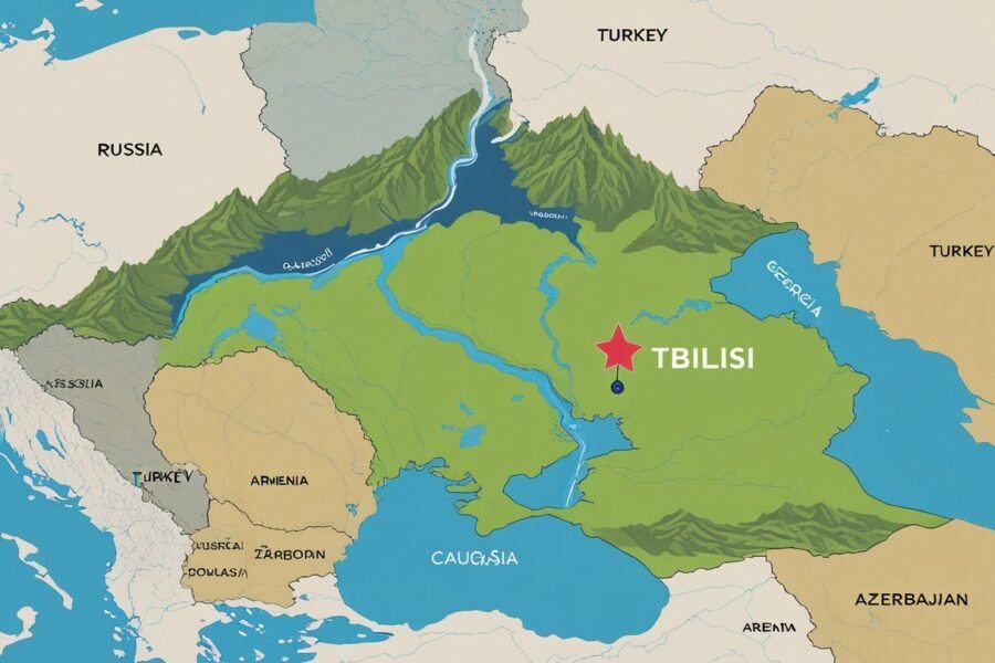 Mapa mostrando a localização da cidade de Tbilisi na região do Cáucaso, com destaque para a cidade e os países vizinhos.