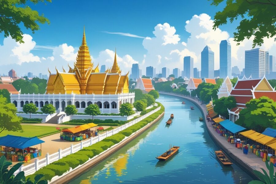 Vista da cidade de Phnom Penh com o Palácio Real, rio Tonle Sap, barcos tradicionais, pessoas em roupas típicas e prédios modernos ao fundo.