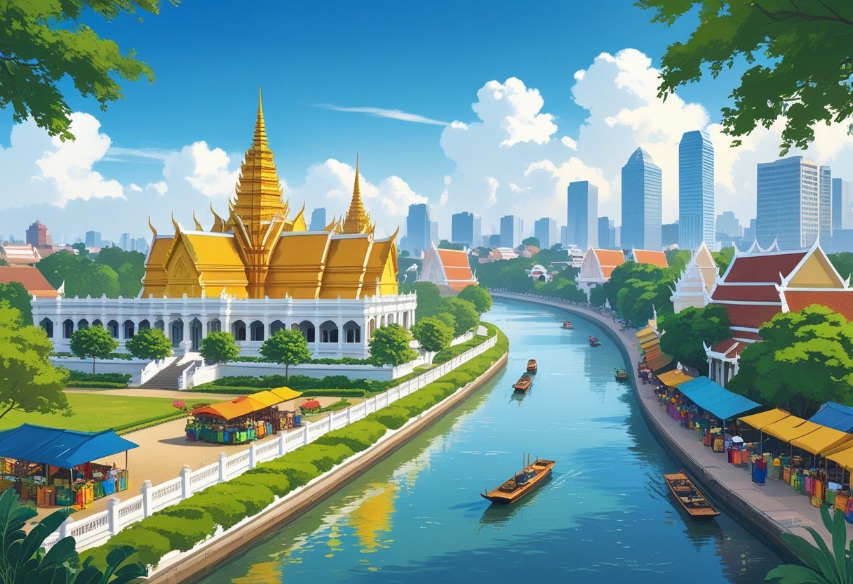 Vista da cidade de Phnom Penh com o Palácio Real, rio Tonle Sap, barcos tradicionais, pessoas em roupas típicas e prédios modernos ao fundo.