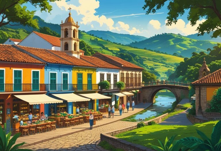 Praça de cidade colonial com pessoas em cafés e mercado ao ar livre, rodeada por colinas verdes, plantações de café, um rio com ponte de madeira e uma igreja tradicional ao fundo.