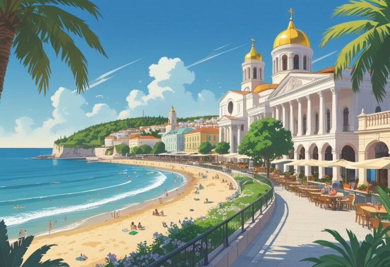 Vista da cidade de Varna com a catedral dourada, praia com pessoas, calçadão à beira-mar com cafés e áreas verdes ao redor.