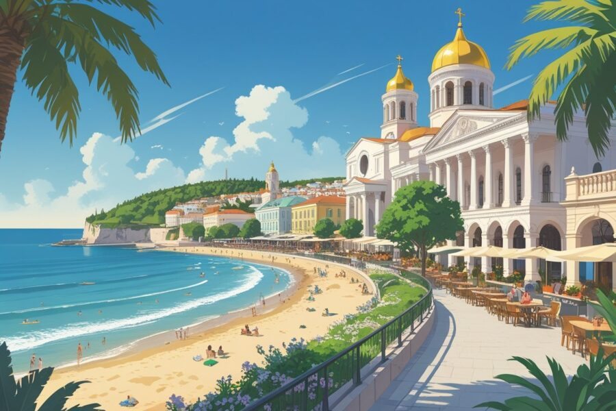 Vista da cidade de Varna com a catedral dourada, praia com pessoas, calçadão à beira-mar com cafés e áreas verdes ao redor.