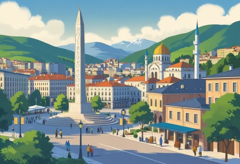 Vista da cidade de Pristina com monumentos, praça movimentada, mesquita histórica, colinas verdes e céu azul.