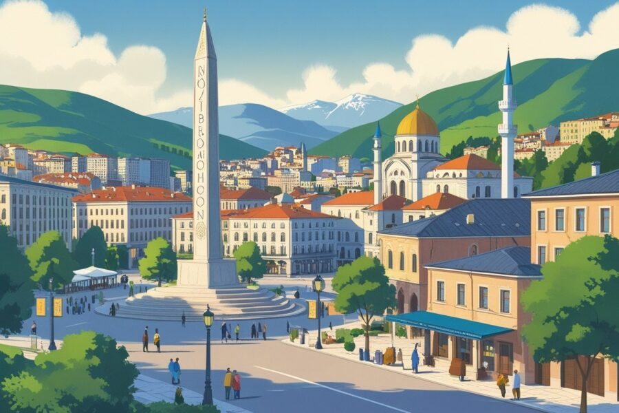 Vista da cidade de Pristina com monumentos, praça movimentada, mesquita histórica, colinas verdes e céu azul.