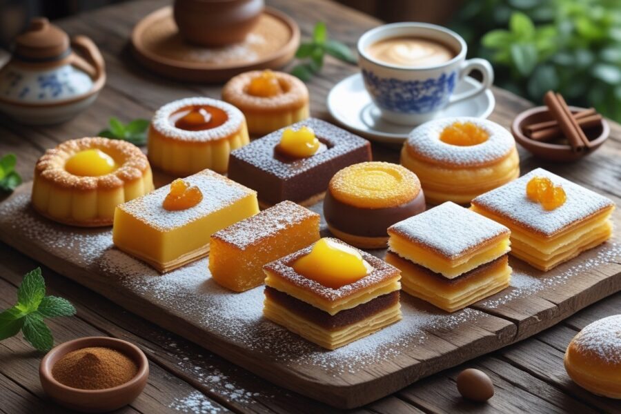 Uma mesa rústica com uma variedade de doces tradicionais portugueses, incluindo pastel de nata, queijadas e travesseiros, acompanhados por um pequeno copo de café e ramos de hortelã.