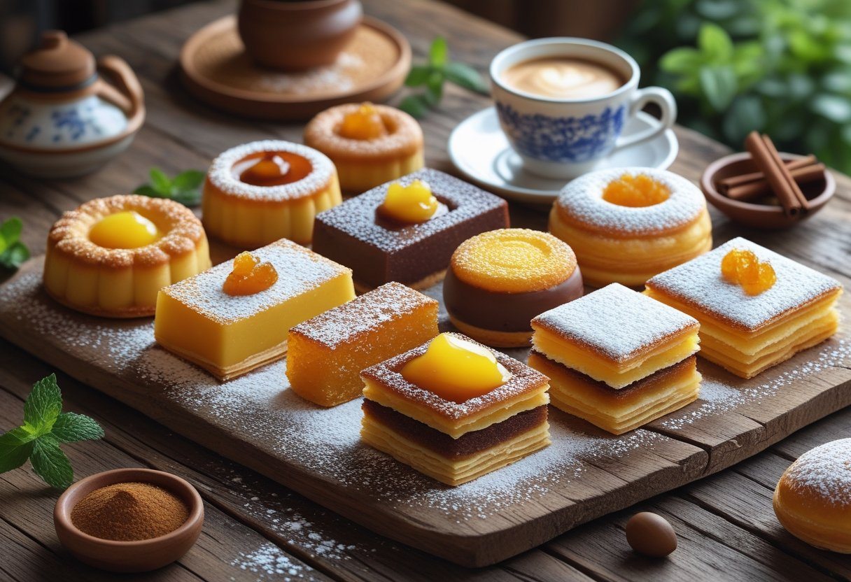 Uma mesa rústica com uma variedade de doces tradicionais portugueses, incluindo pastel de nata, queijadas e travesseiros, acompanhados por um pequeno copo de café e ramos de hortelã.