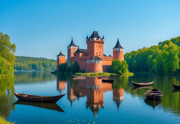 Castelo de Trakai em uma ilha cercada por um lago calmo com árvores verdes ao redor sob céu azul claro.