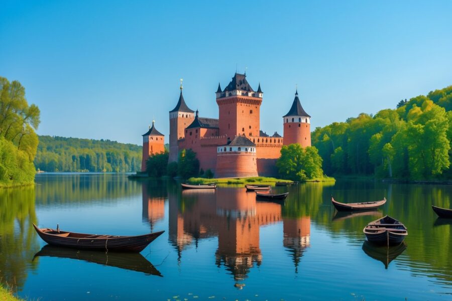 Castelo de Trakai em uma ilha cercada por um lago calmo com árvores verdes ao redor sob céu azul claro.