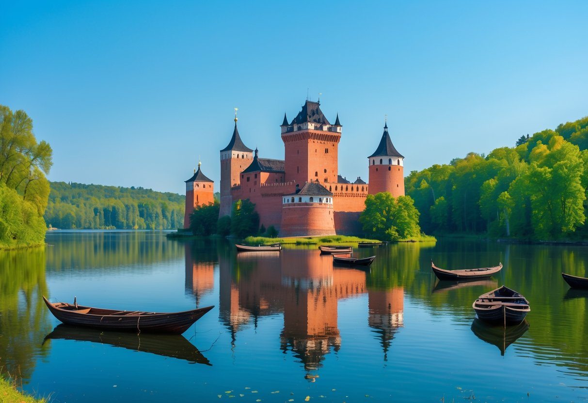 Castelo de Trakai em uma ilha cercada por um lago calmo com árvores verdes ao redor sob céu azul claro.