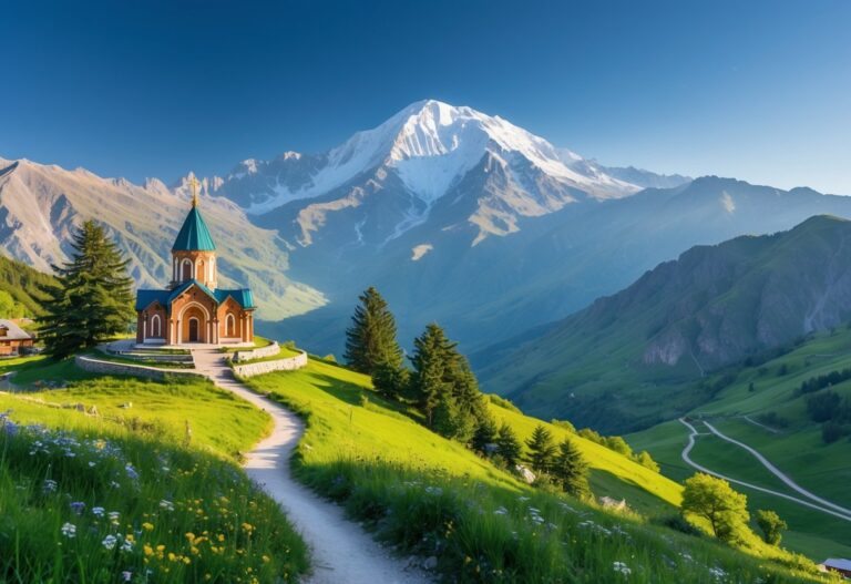Montanha Kazbek com pico nevado e a Igreja da Trindade de Gergeti no topo de uma colina verdejante cercada por flores e árvores.
