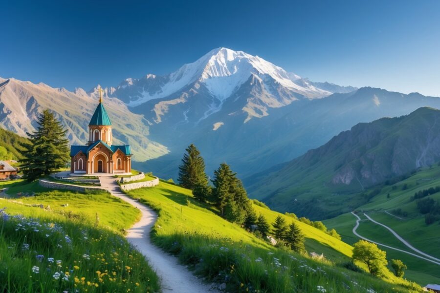 Montanha Kazbek com pico nevado e a Igreja da Trindade de Gergeti no topo de uma colina verdejante cercada por flores e árvores.
