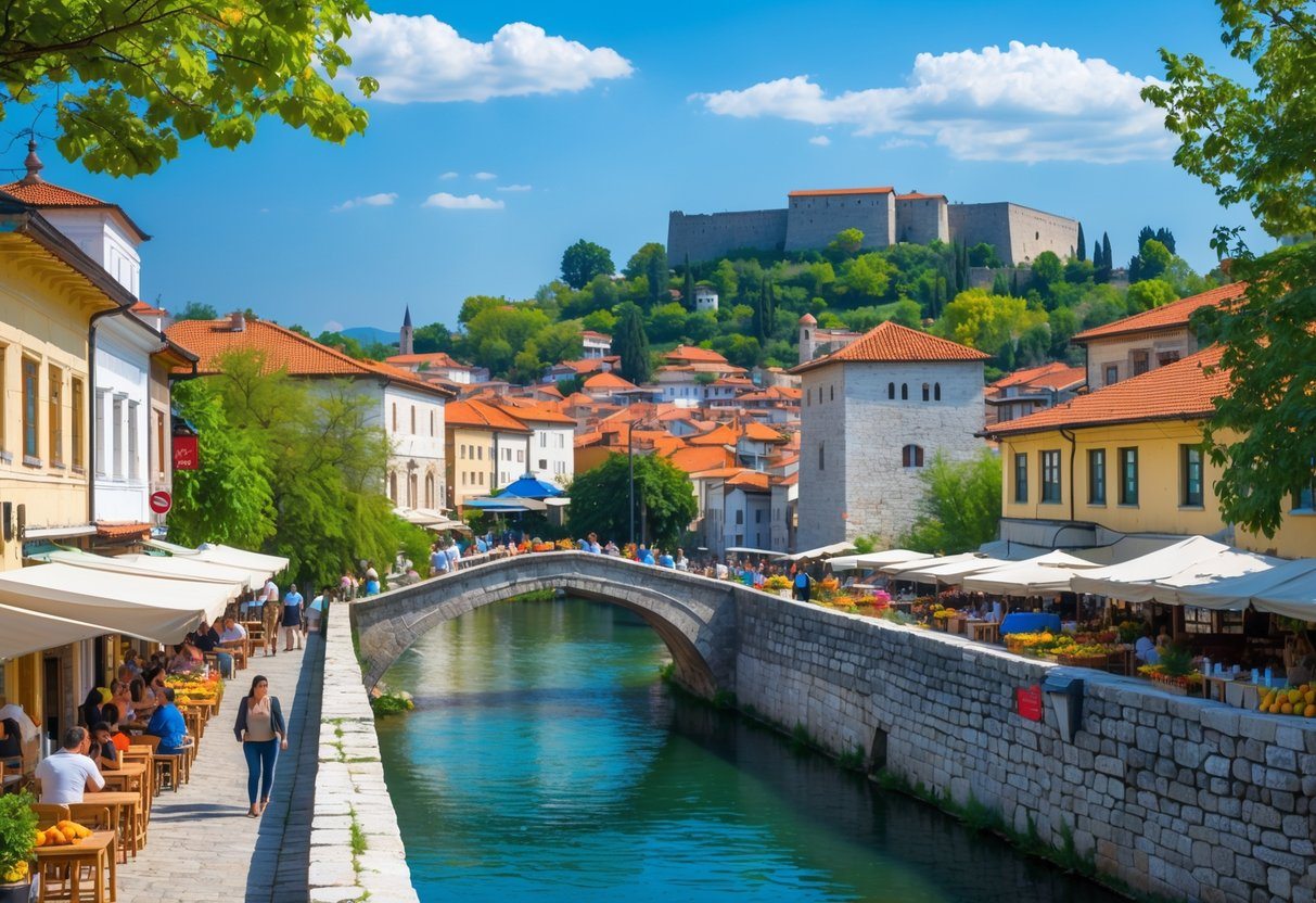 Vista da cidade de Prizren com ponte sobre o rio, prédios históricos, pessoas caminhando e o castelo no topo da colina ao fundo.
