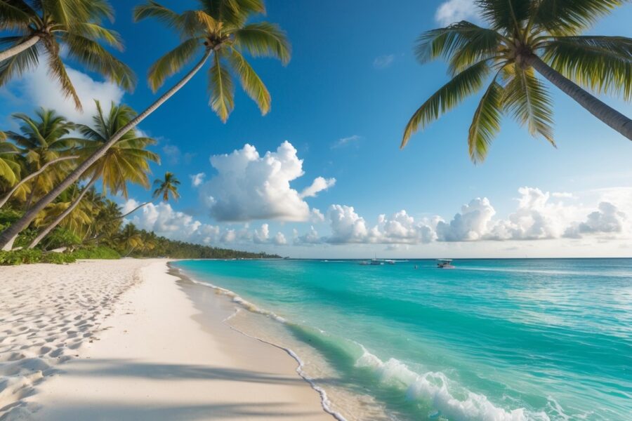 Praia tropical com areia branca, mar azul cristalino e coqueiros ao longo da costa sob um céu claro.