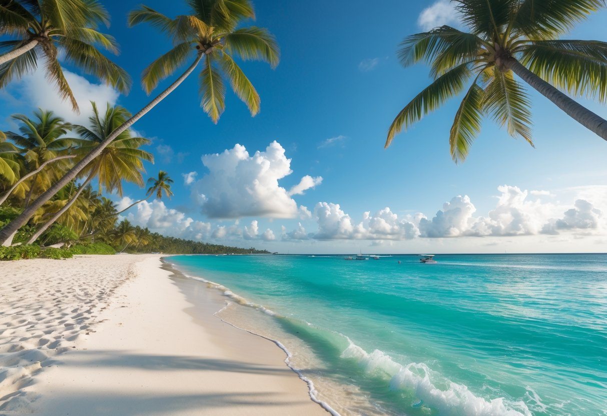 Praia tropical com areia branca, mar azul cristalino e coqueiros ao longo da costa sob um céu claro.