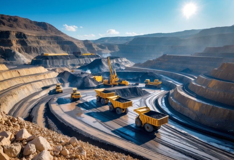 Vista ampla da mina de ouro da Passagem com escavadeiras e caminhões operando em um grande terreno aberto cercado por colinas rochosas.