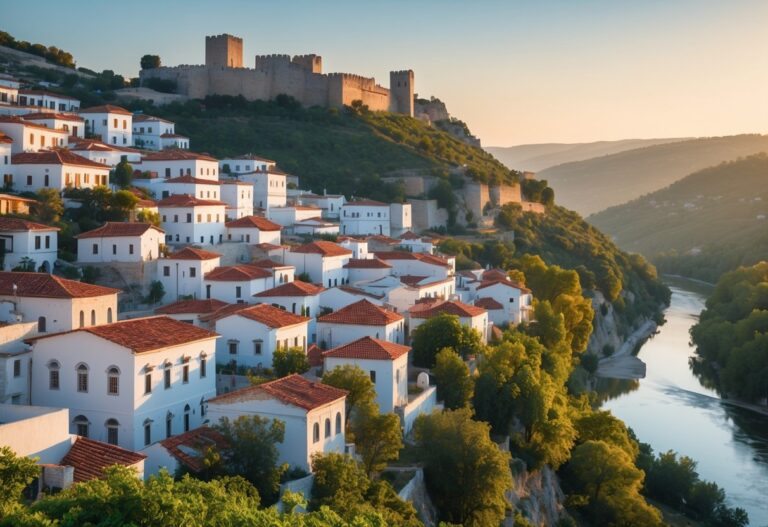 Vista panorâmica da cidade histórica de Berat na Albânia com casas brancas de telhados vermelhos, castelo antigo no topo da colina e rio Osum ao fundo.