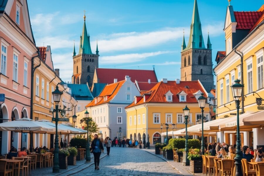 Vista da cidade histórica de Tallinn com ruas de paralelepípedos, prédios coloridos e pessoas caminhando em um dia ensolarado.