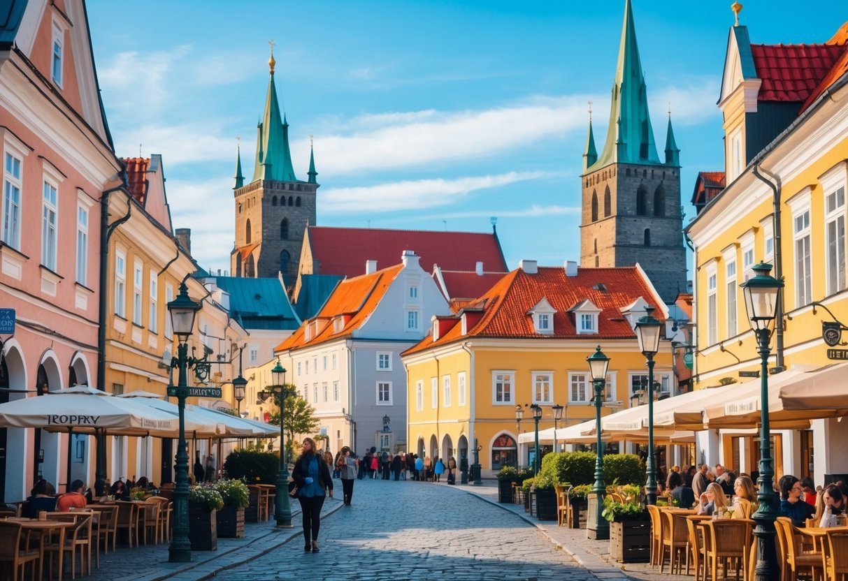 Vista da cidade histórica de Tallinn com ruas de paralelepípedos, prédios coloridos e pessoas caminhando em um dia ensolarado.