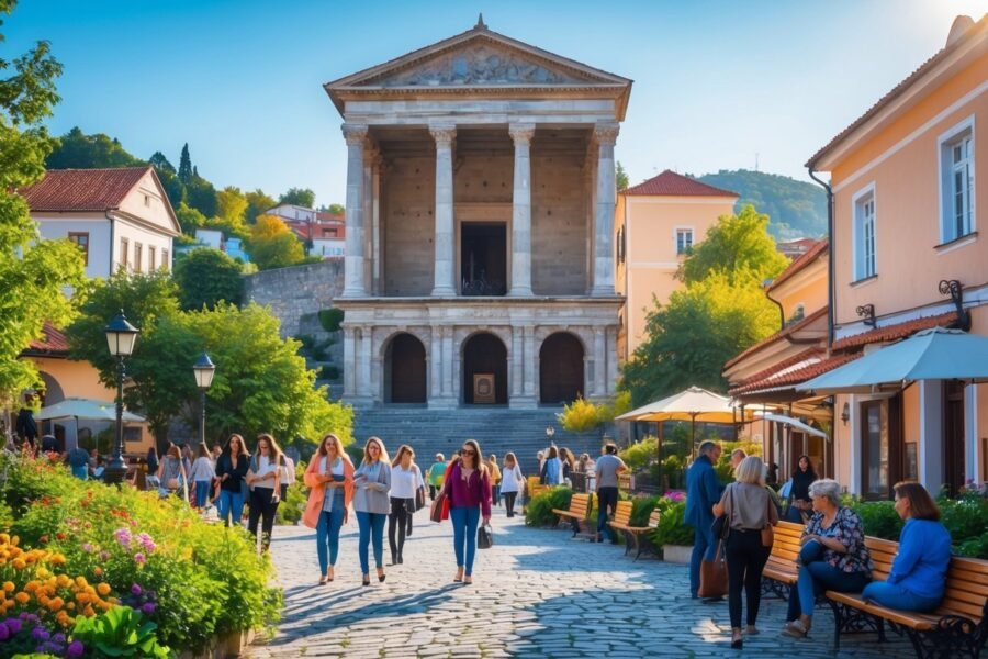 Vista do teatro romano de Plovdiv com pessoas caminhando e aproveitando a área ao redor em um dia ensolarado.