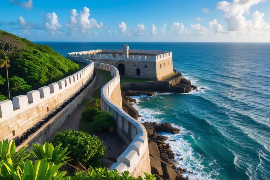 Forte Santa Teresa com suas paredes de pedra, vegetação verde ao redor e o oceano azul ao fundo sob céu claro.
