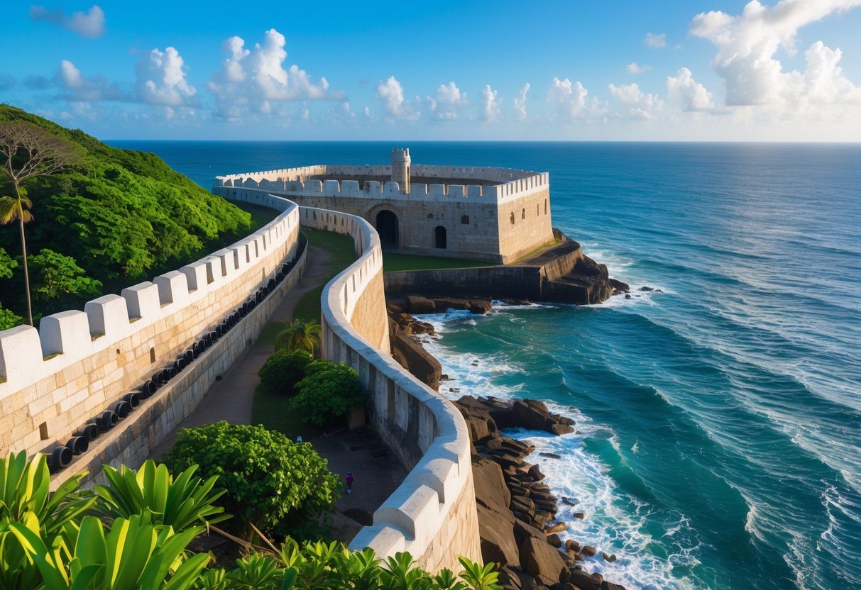 Forte Santa Teresa com suas paredes de pedra, vegetação verde ao redor e o oceano azul ao fundo sob céu claro.
