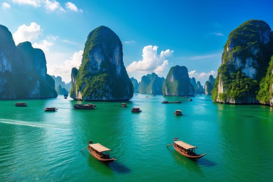 Vista panorâmica da Baía de Halong com águas verdes, formações rochosas altas cobertas de vegetação e barcos tradicionais flutuando na água sob um céu azul com poucas nuvens.