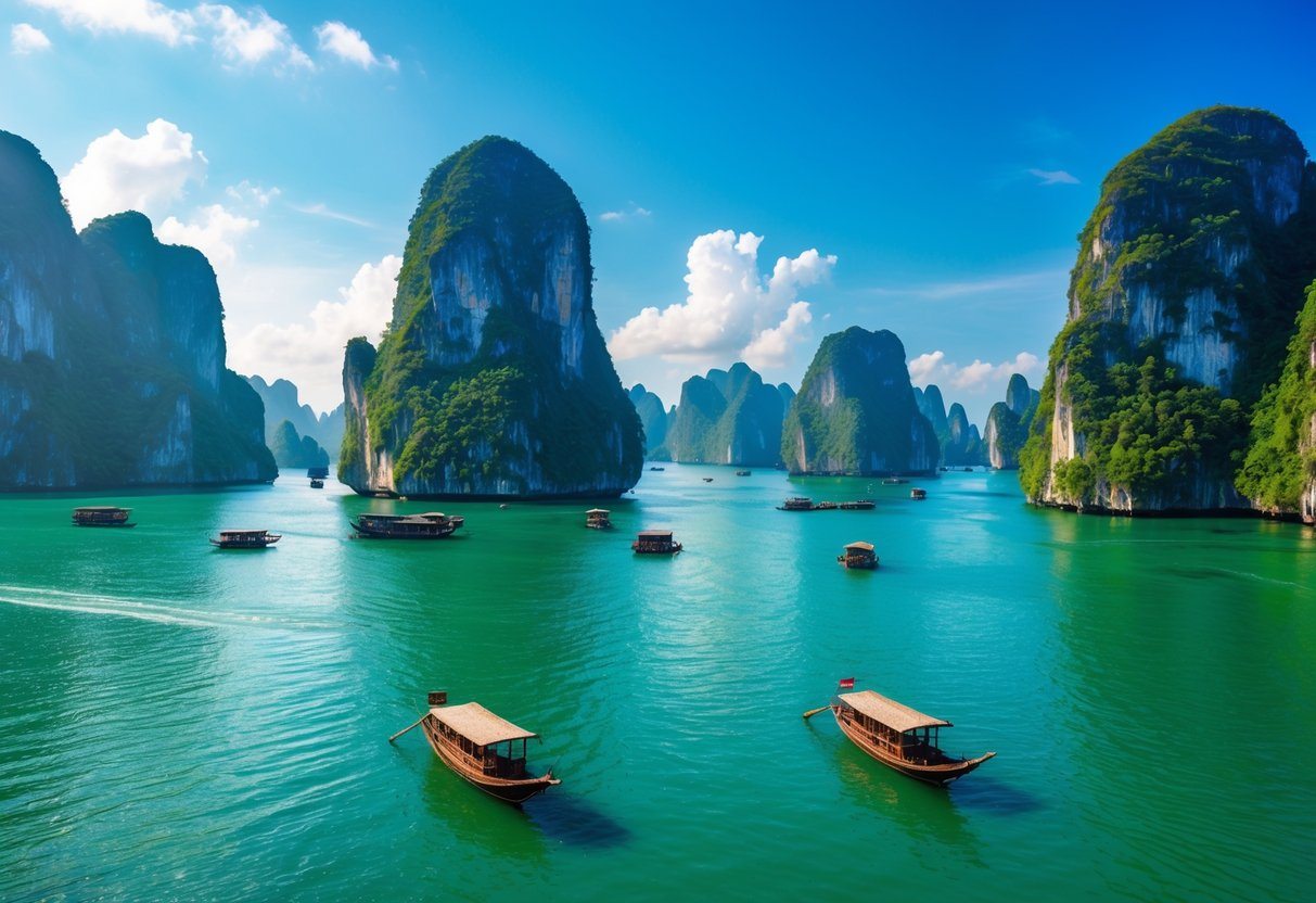 Vista panorâmica da Baía de Halong com águas verdes, formações rochosas altas cobertas de vegetação e barcos tradicionais flutuando na água sob um céu azul com poucas nuvens.