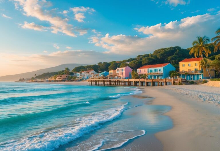 Praia tranquila de La Paloma, Uruguai, com areia, mar calmo, céu azul e edifícios ao fundo.