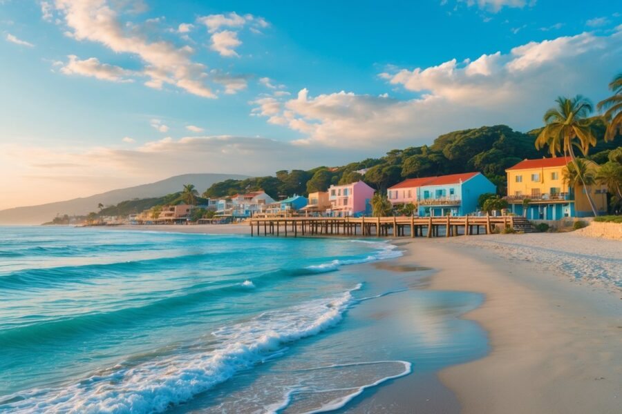 Praia tranquila de La Paloma, Uruguai, com areia, mar calmo, céu azul e edifícios ao fundo.