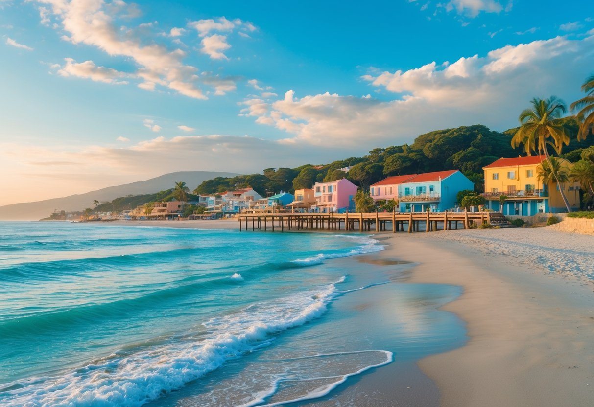 Praia tranquila de La Paloma, Uruguai, com areia, mar calmo, céu azul e edifícios ao fundo.