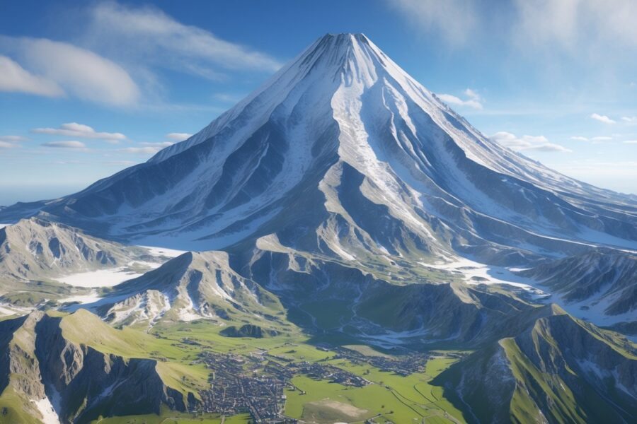 Vista panorâmica do Monte Ararat com seus picos cobertos de neve e o vale verde ao redor sob um céu azul claro.
