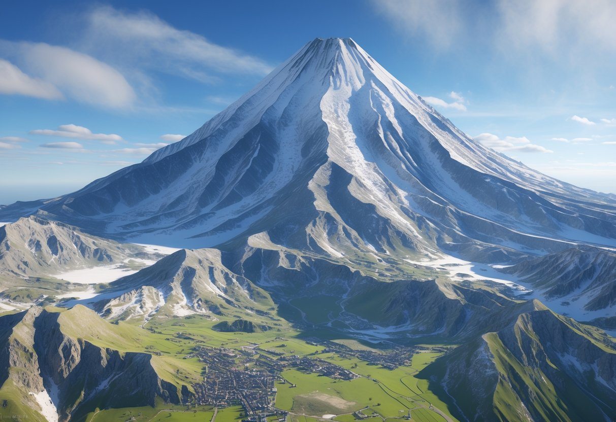 Vista panorâmica do Monte Ararat com seus picos cobertos de neve e o vale verde ao redor sob um céu azul claro.