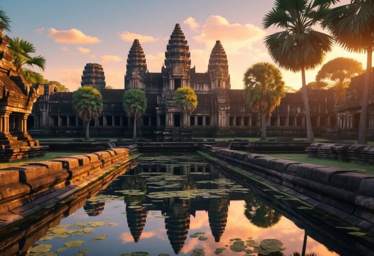 Templos antigos de Angkor Wat cercados por vegetação tropical e piscinas de água refletindo as estruturas ao amanhecer.