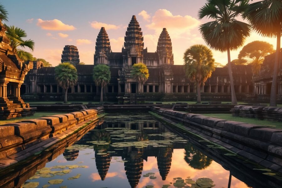 Templos antigos de Angkor Wat cercados por vegetação tropical e piscinas de água refletindo as estruturas ao amanhecer.