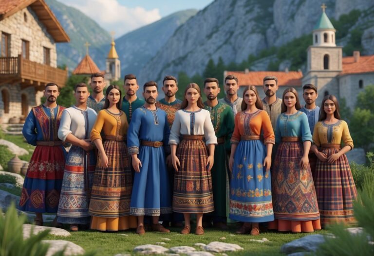 Grupo diversificado de pessoas dos Balcãs vestindo roupas tradicionais em uma paisagem montanhosa com arquitetura histórica ao fundo.