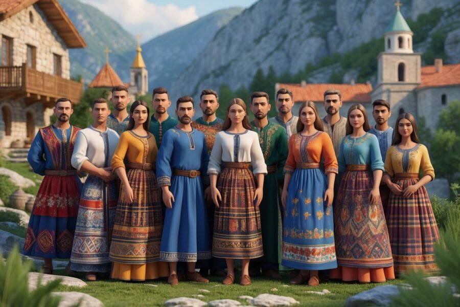 Grupo diversificado de pessoas dos Balcãs vestindo roupas tradicionais em uma paisagem montanhosa com arquitetura histórica ao fundo.