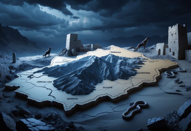 Mapa detalhado do Uzbequistão com montanhas e desertos, sombras de animais selvagens ao redor e céu nublado transmitindo uma sensação de perigo.