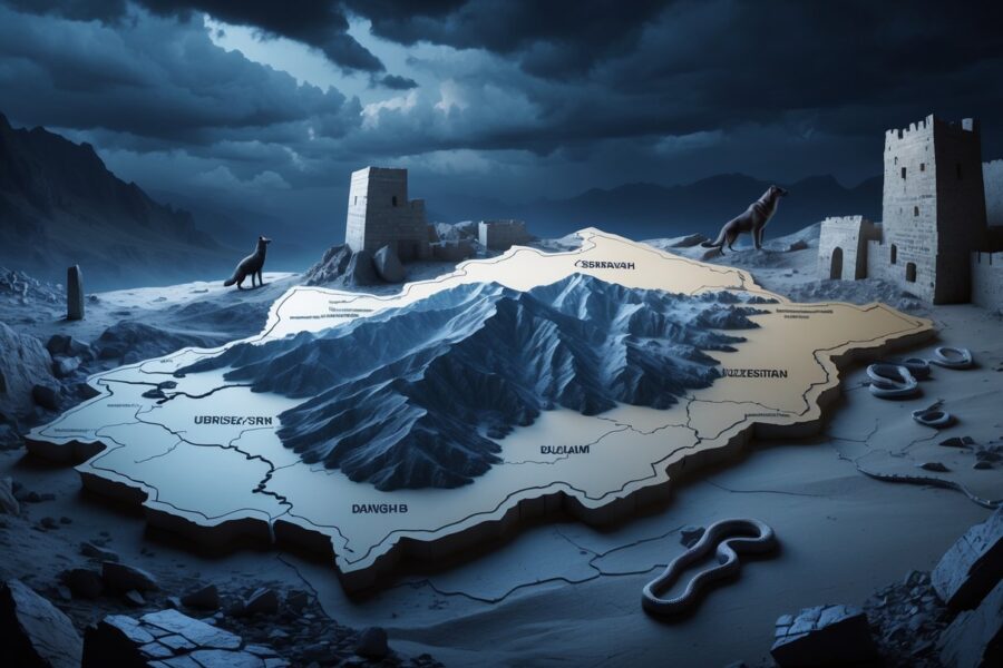 Mapa detalhado do Uzbequistão com montanhas e desertos, sombras de animais selvagens ao redor e céu nublado transmitindo uma sensação de perigo.