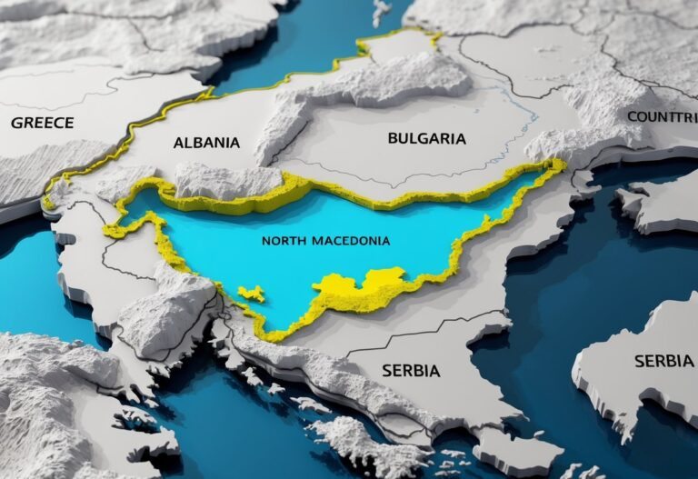 Mapa tridimensional mostrando a localização atual da Macedônia do Norte na Península dos Balcãs, destacando o país e suas fronteiras com os países vizinhos.