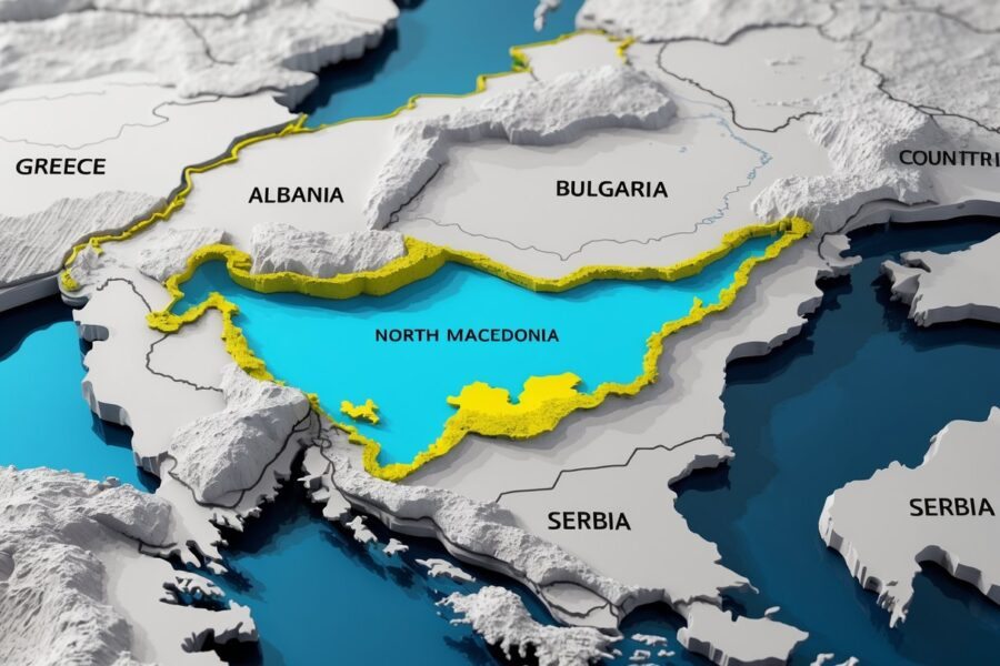 Mapa tridimensional mostrando a localização atual da Macedônia do Norte na Península dos Balcãs, destacando o país e suas fronteiras com os países vizinhos.