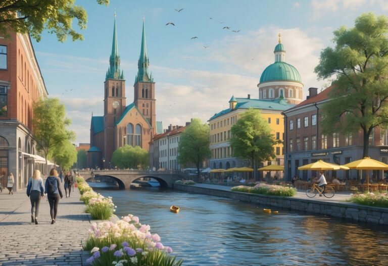 Vista da cidade de Uppsala com a catedral, o museu Gustavianum, o rio Fyris, pessoas caminhando e ciclistas nas ruas, árvores e flores ao redor.