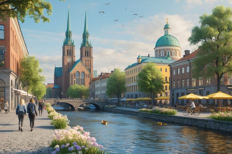 Vista da cidade de Uppsala com a catedral, o museu Gustavianum, o rio Fyris, pessoas caminhando e ciclistas nas ruas, árvores e flores ao redor.