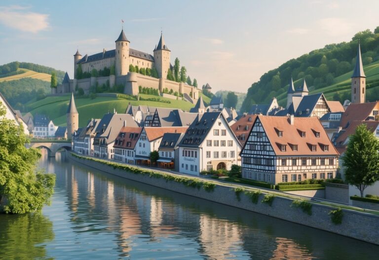 Vista do castelo Reichsburg Cochem no topo de uma colina, com casas tradicionais e vinhedos ao redor, junto ao rio Mosela em Cochem, Alemanha.