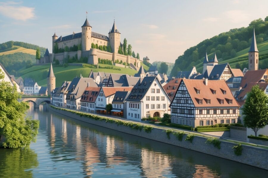 Vista do castelo Reichsburg Cochem no topo de uma colina, com casas tradicionais e vinhedos ao redor, junto ao rio Mosela em Cochem, Alemanha.